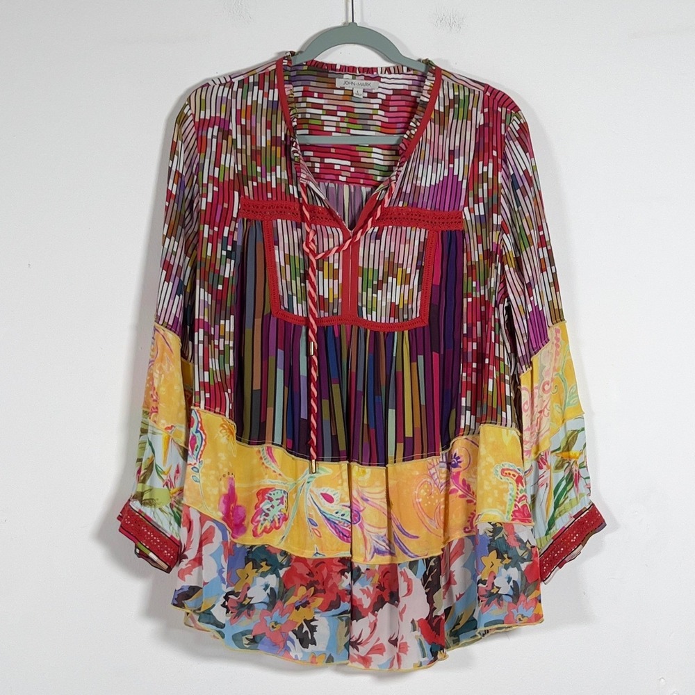 John Mark Tunic Top Womens Sz L Multicolor Floral Geometric Boho Long SleeveS